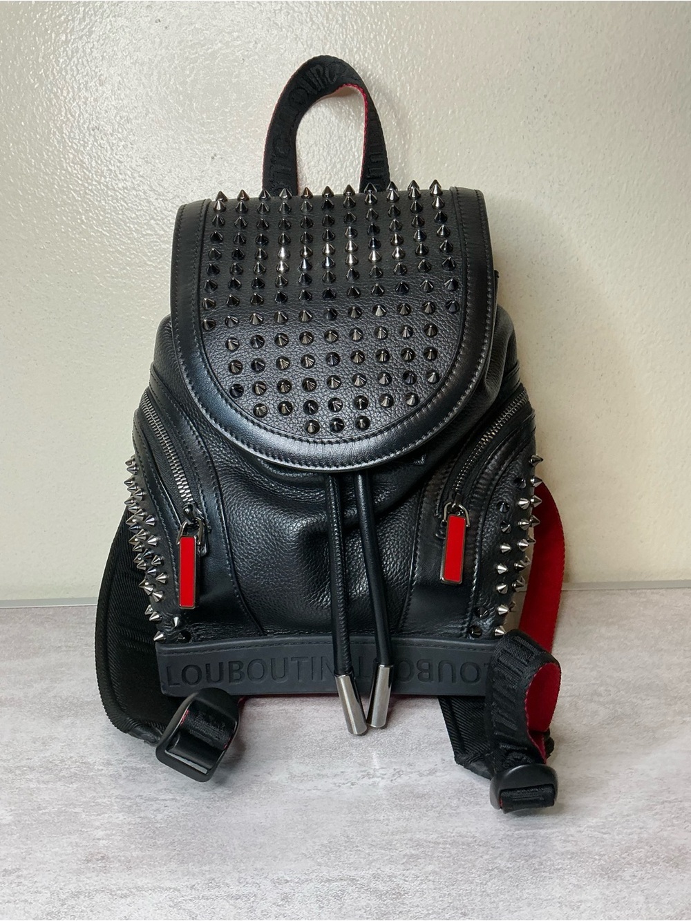 Christian Louboutin Black Leather Spiked Mini Backpack with Red Accents
